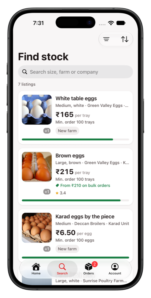 The Everlush app showing egg listings with rates per tray
